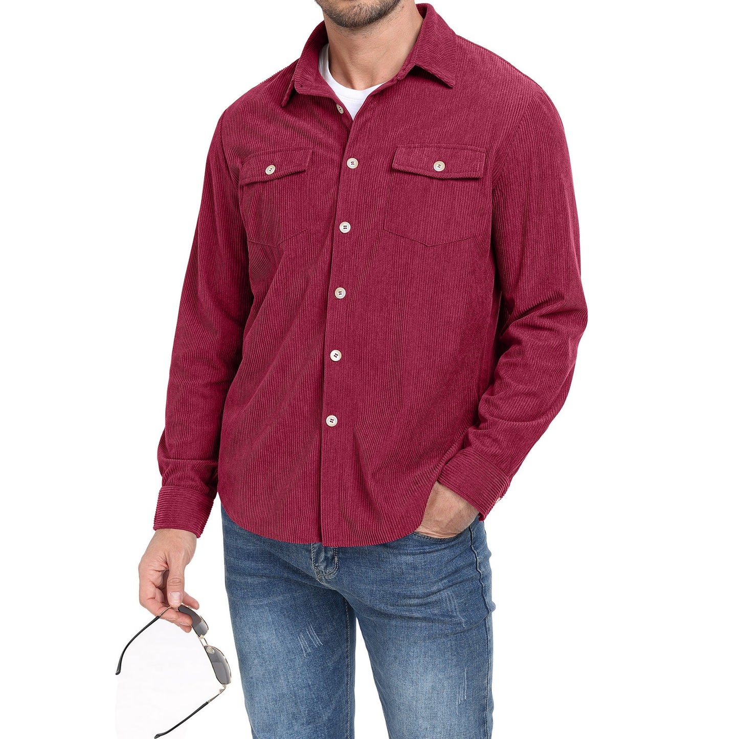 Men's Corduroy Casual Button Up Long Sleeve Shirts