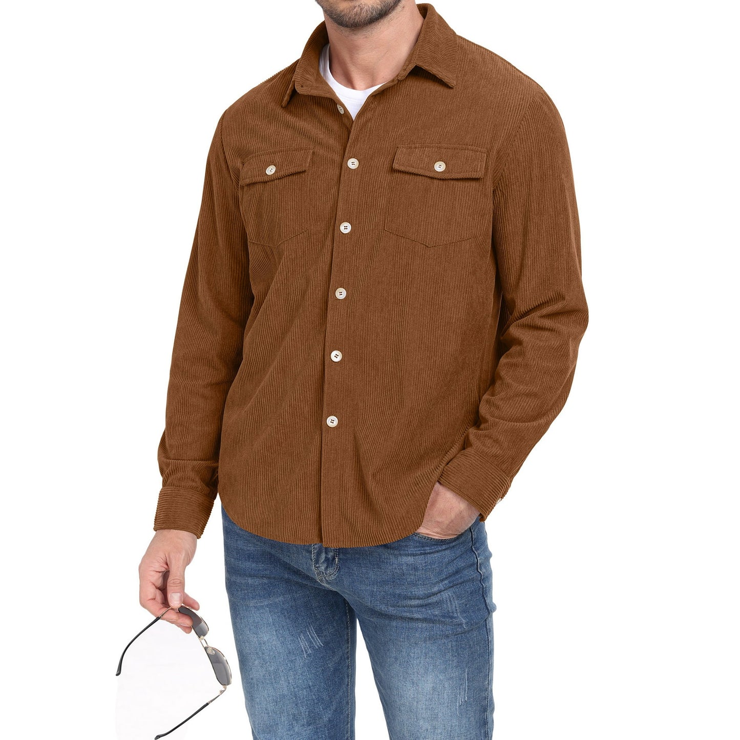 Men's Corduroy Casual Button Up Long Sleeve Shirts